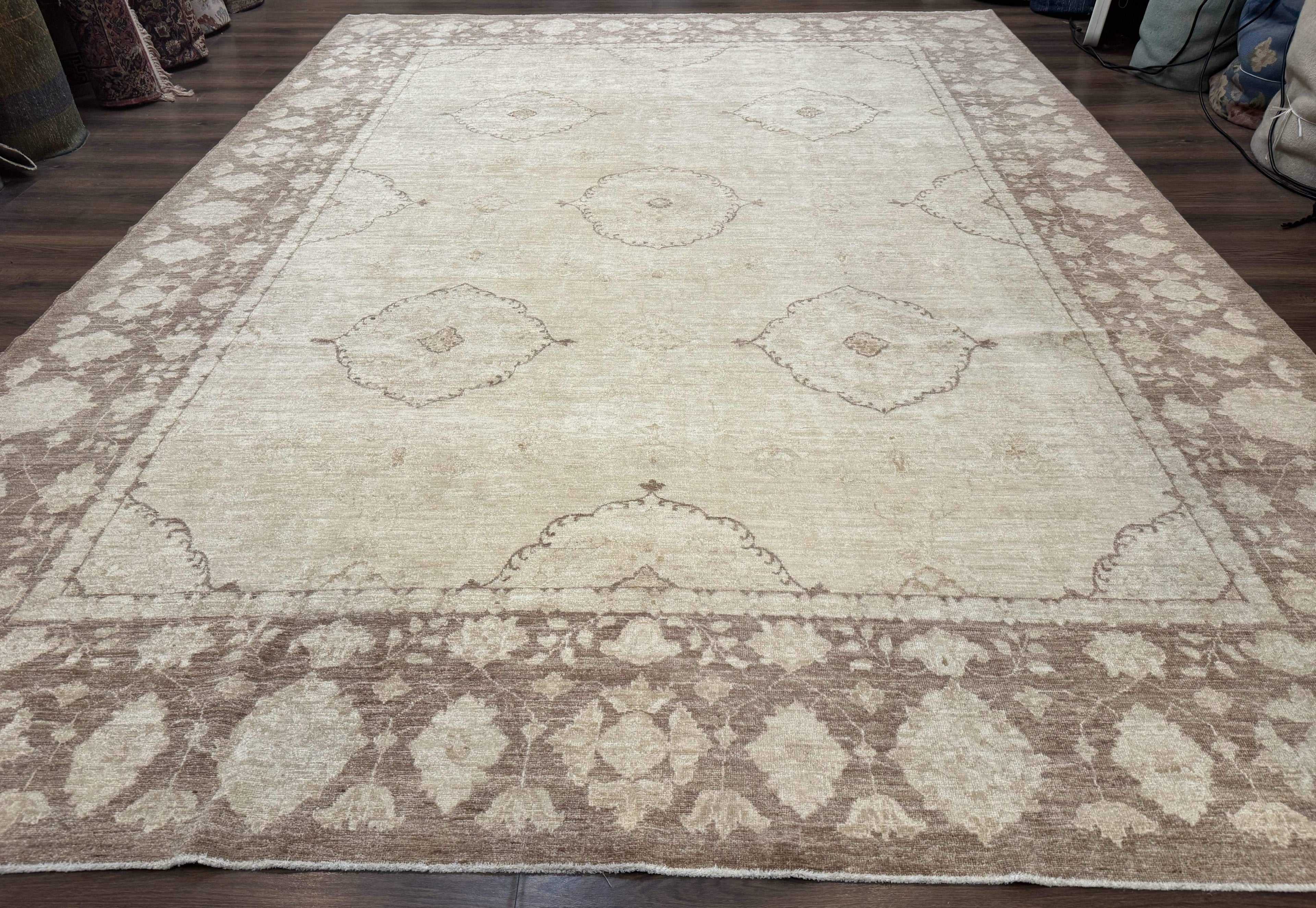 Modern Pakistani Peshawar Rug 10x13, Neutral Colors, Vintage Rug for Modern Home