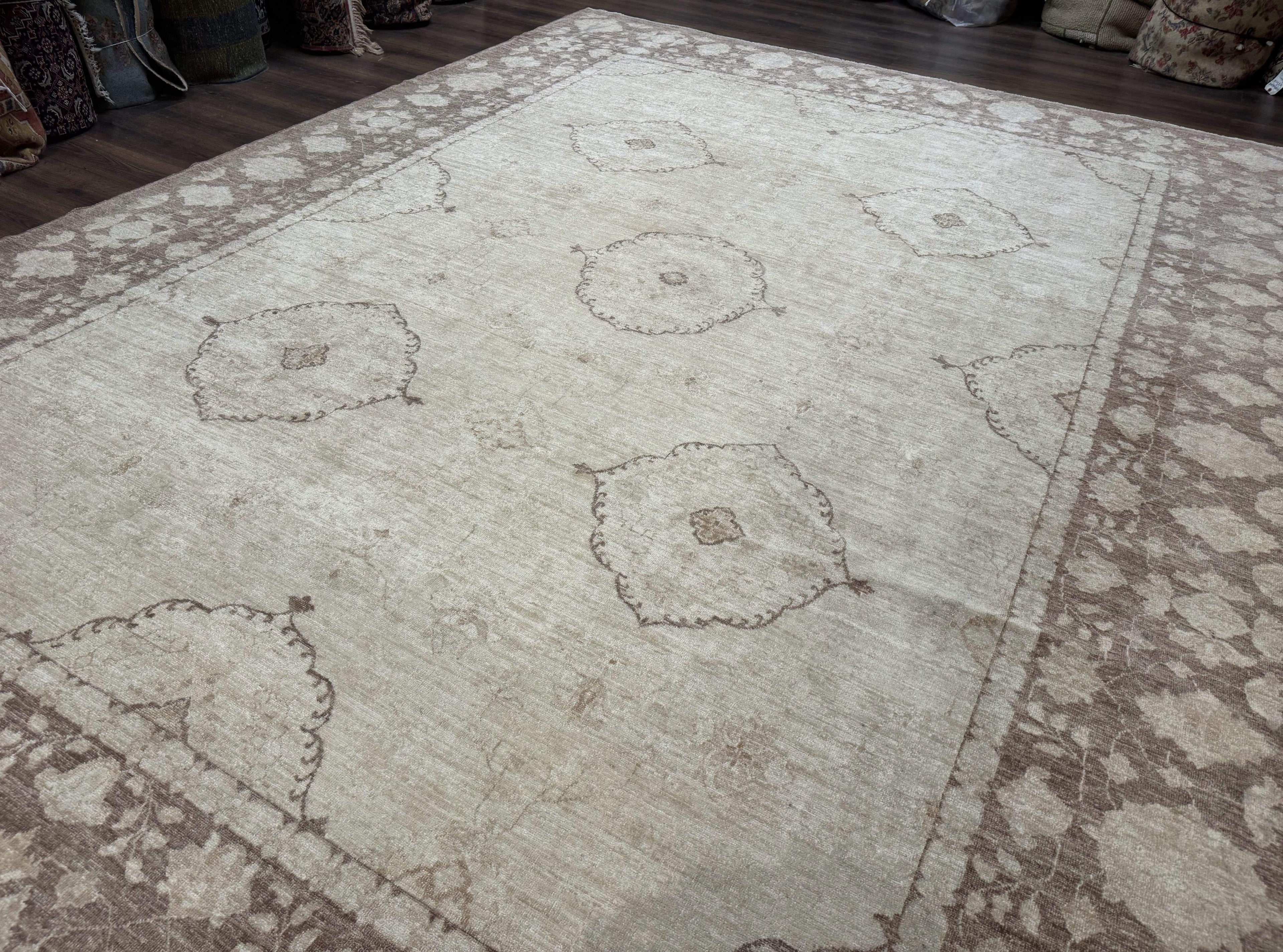 Modern Pakistani Peshawar Rug 10x13, Neutral Colors, Vintage Rug for Modern Home